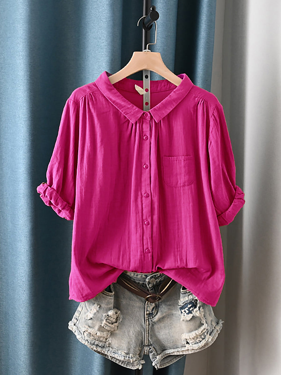 Camisa de algodón 100% con cuello vuelto para mujer talla grande