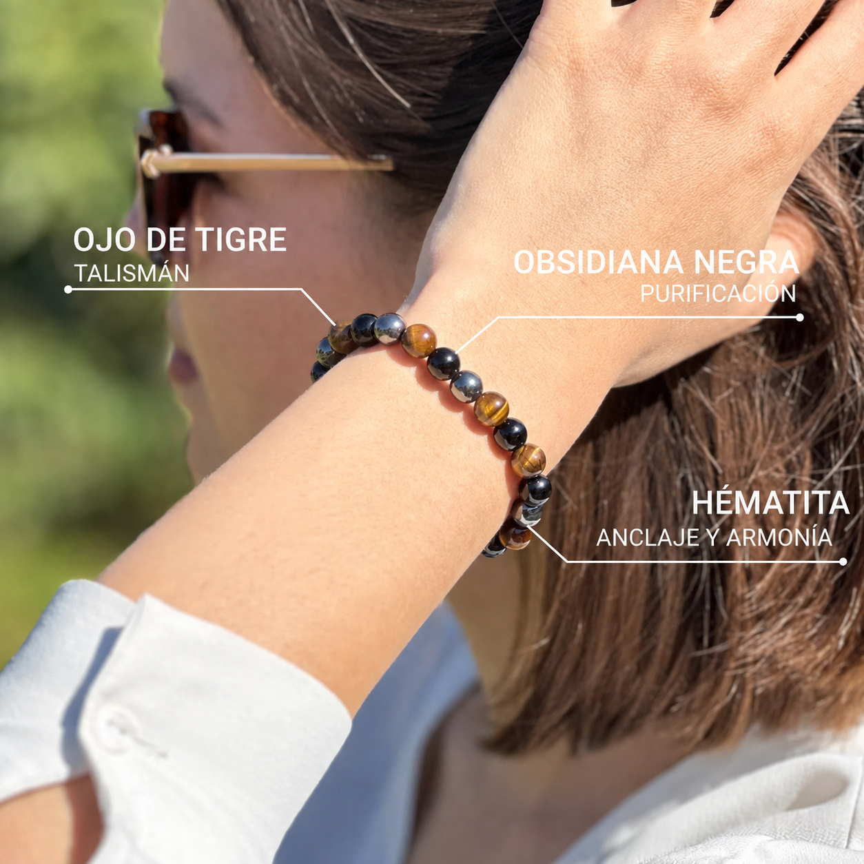 Pulsera «3 protecciones» de ojo de tigre, hematita y obsidiana negra