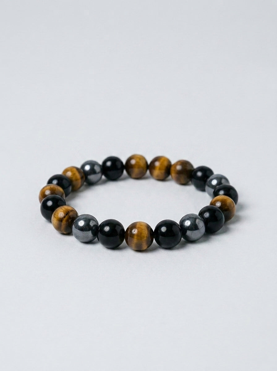 Pulsera «3 protecciones» de ojo de tigre, hematita y obsidiana negra