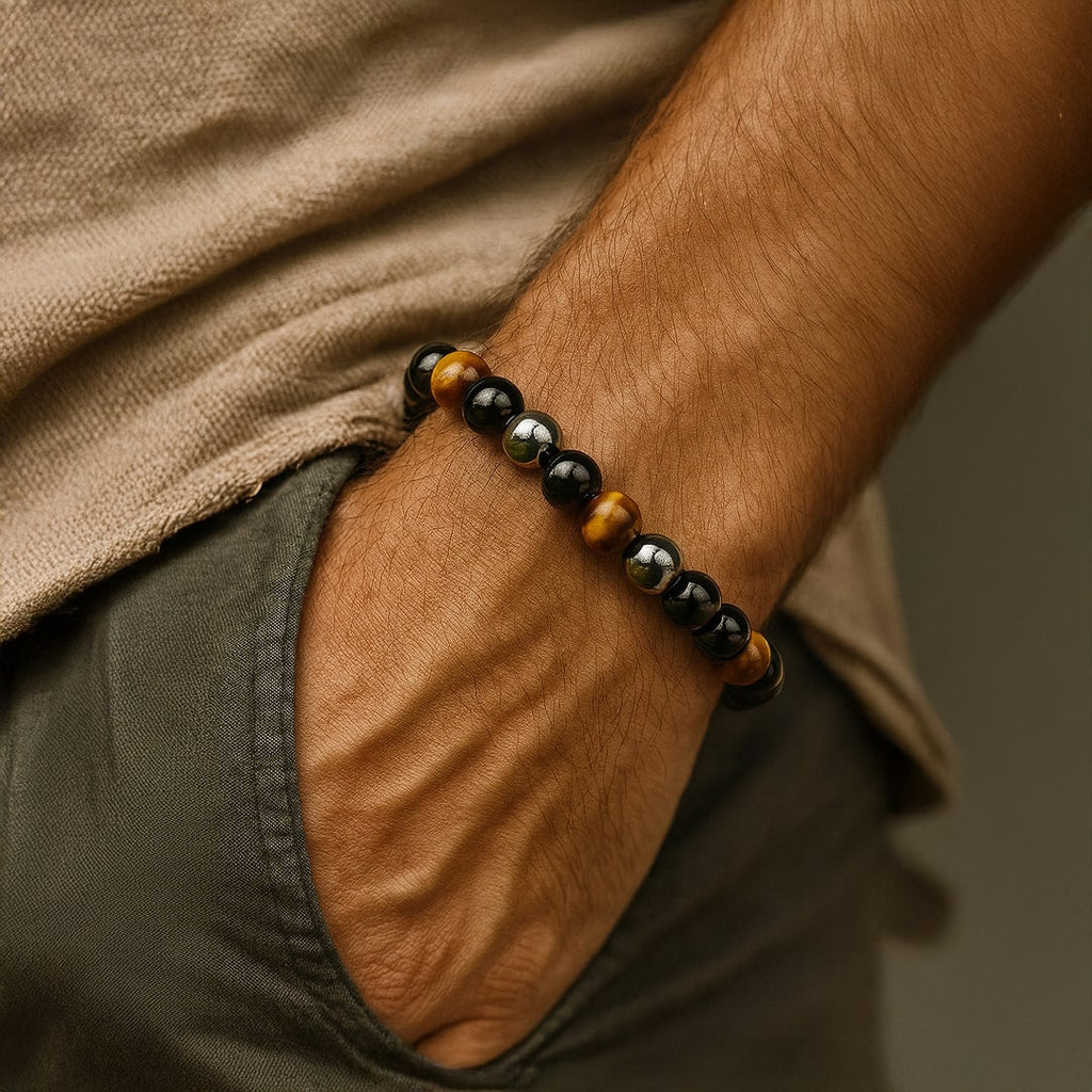 Pulsera «3 protecciones» de ojo de tigre, hematita y obsidiana negra