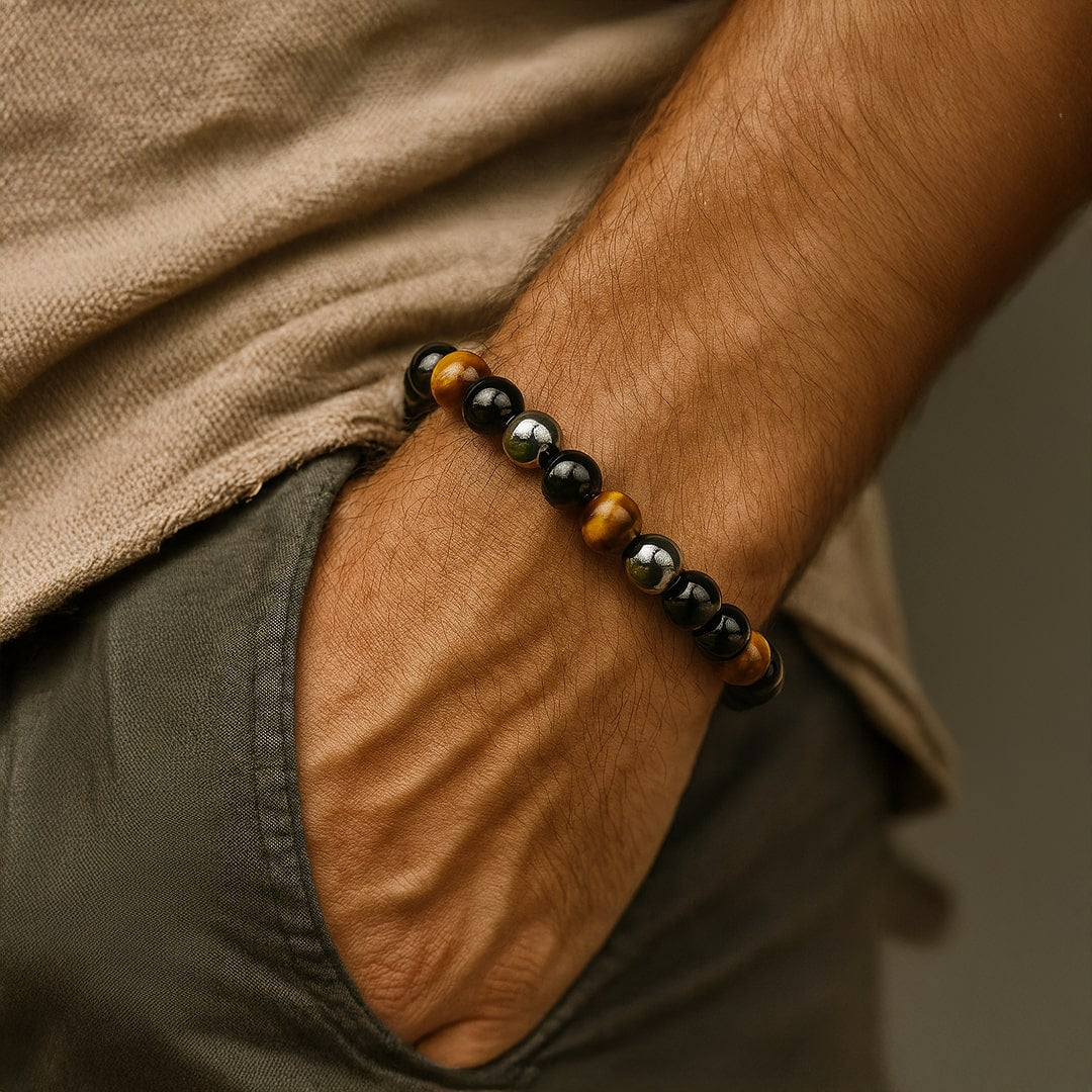 Pulsera «3 protecciones» de ojo de tigre, hematita y obsidiana negra