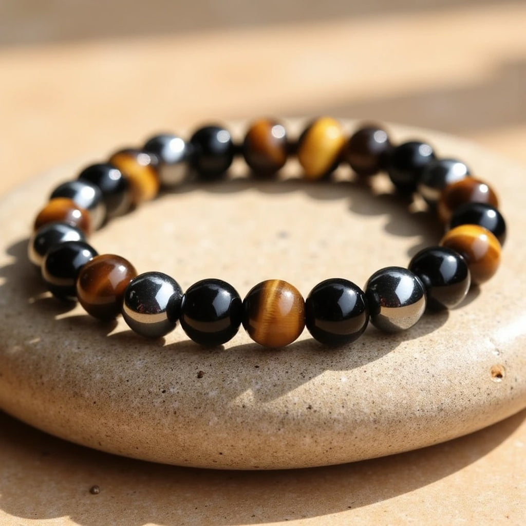Pulsera «3 protecciones» de ojo de tigre, hematita y obsidiana negra
