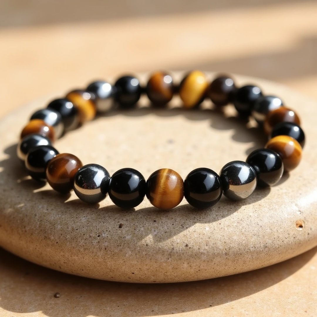 Pulsera «3 protecciones» de ojo de tigre, hematita y obsidiana negra
