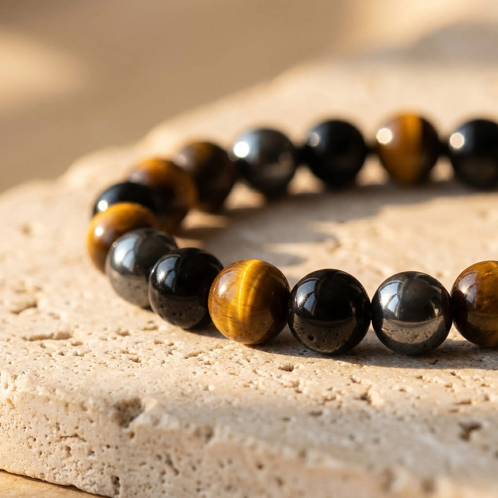 Pulsera «3 protecciones» de ojo de tigre, hematita y obsidiana negra