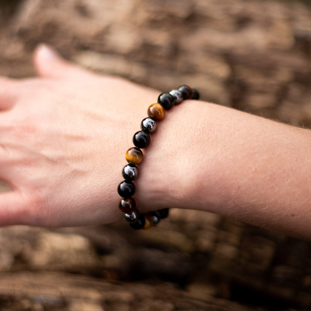 Pulsera «3 protecciones» de ojo de tigre, hematita y obsidiana negra