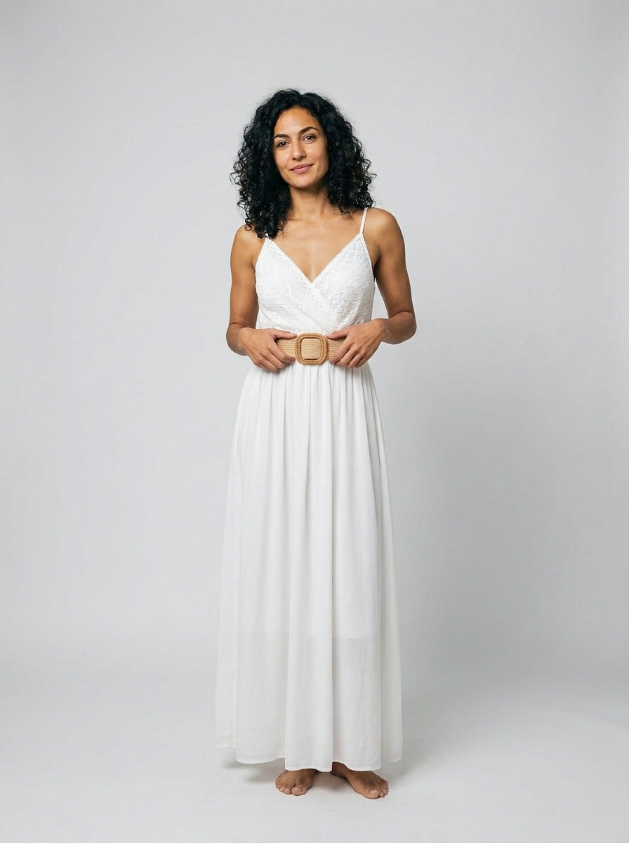Elena | Vestido largo liso con pecho de encaje
