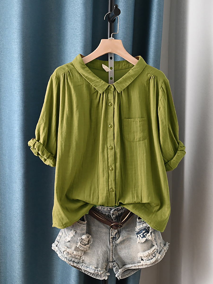 Camisa de algodón 100% con cuello vuelto para mujer talla grande