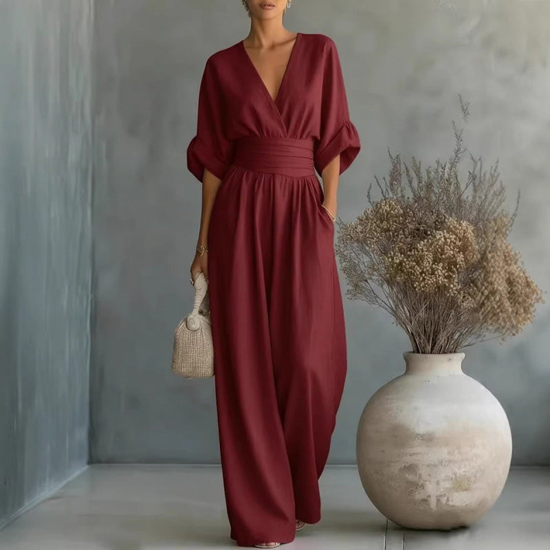 Mono de Pierna Ancha con Cuello en V y Cintura Alta para Mujer