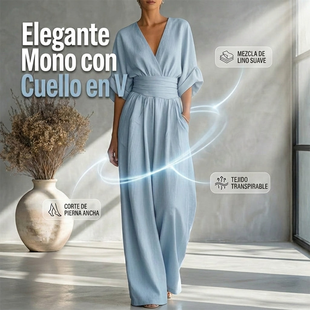 Mono de Pierna Ancha con Cuello en V y Cintura Alta para Mujer